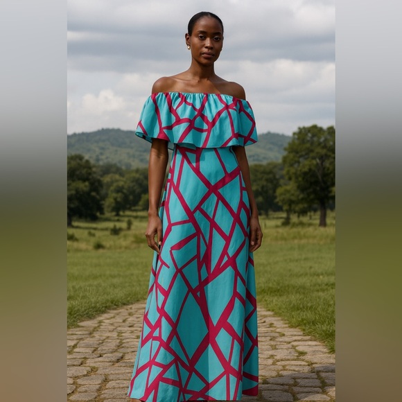 None Dresses & Skirts - Geometric Pink and Blue‎ Maxi Dress